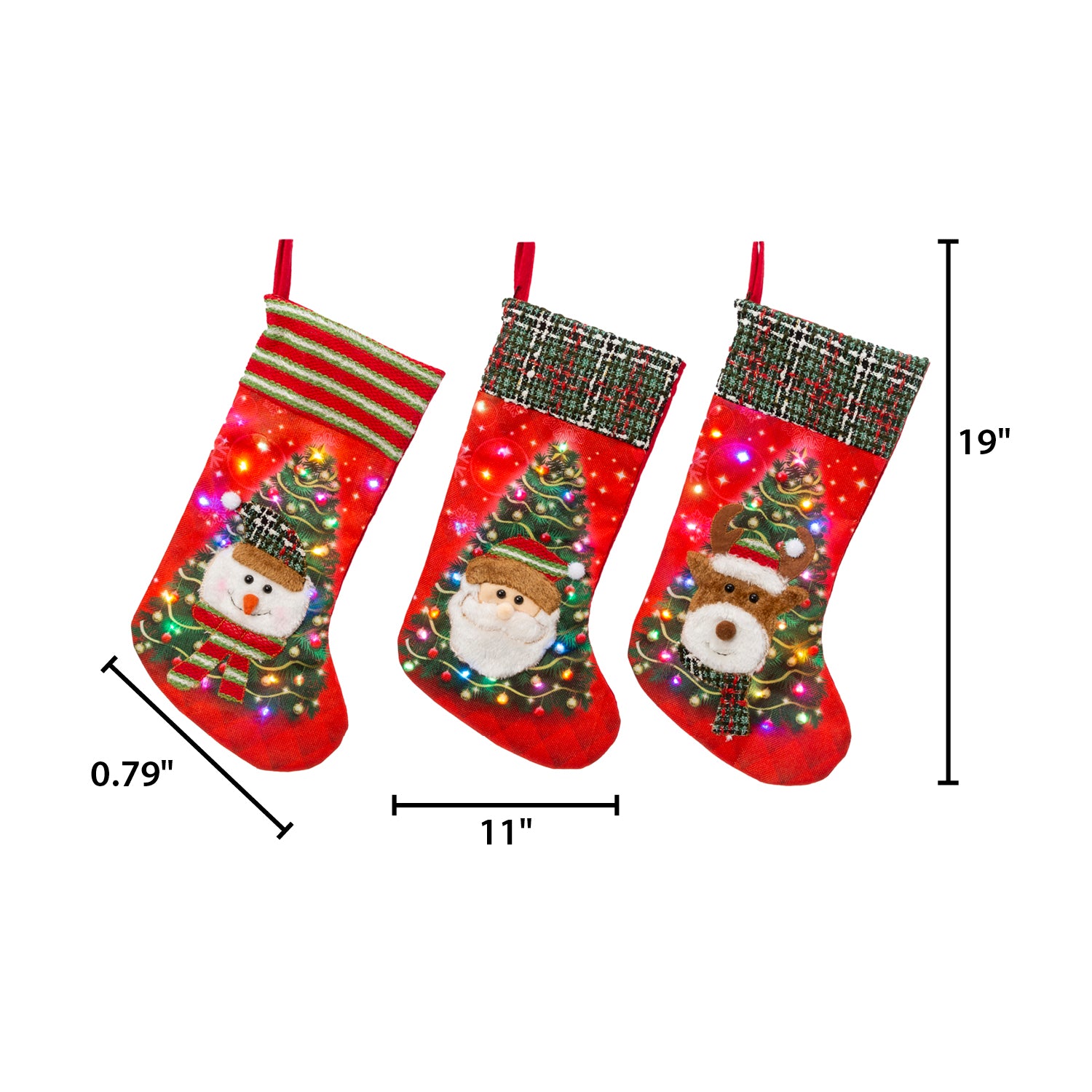 Set of 3 Lighted Christmas Stockings, Traditional Holiday Decor
